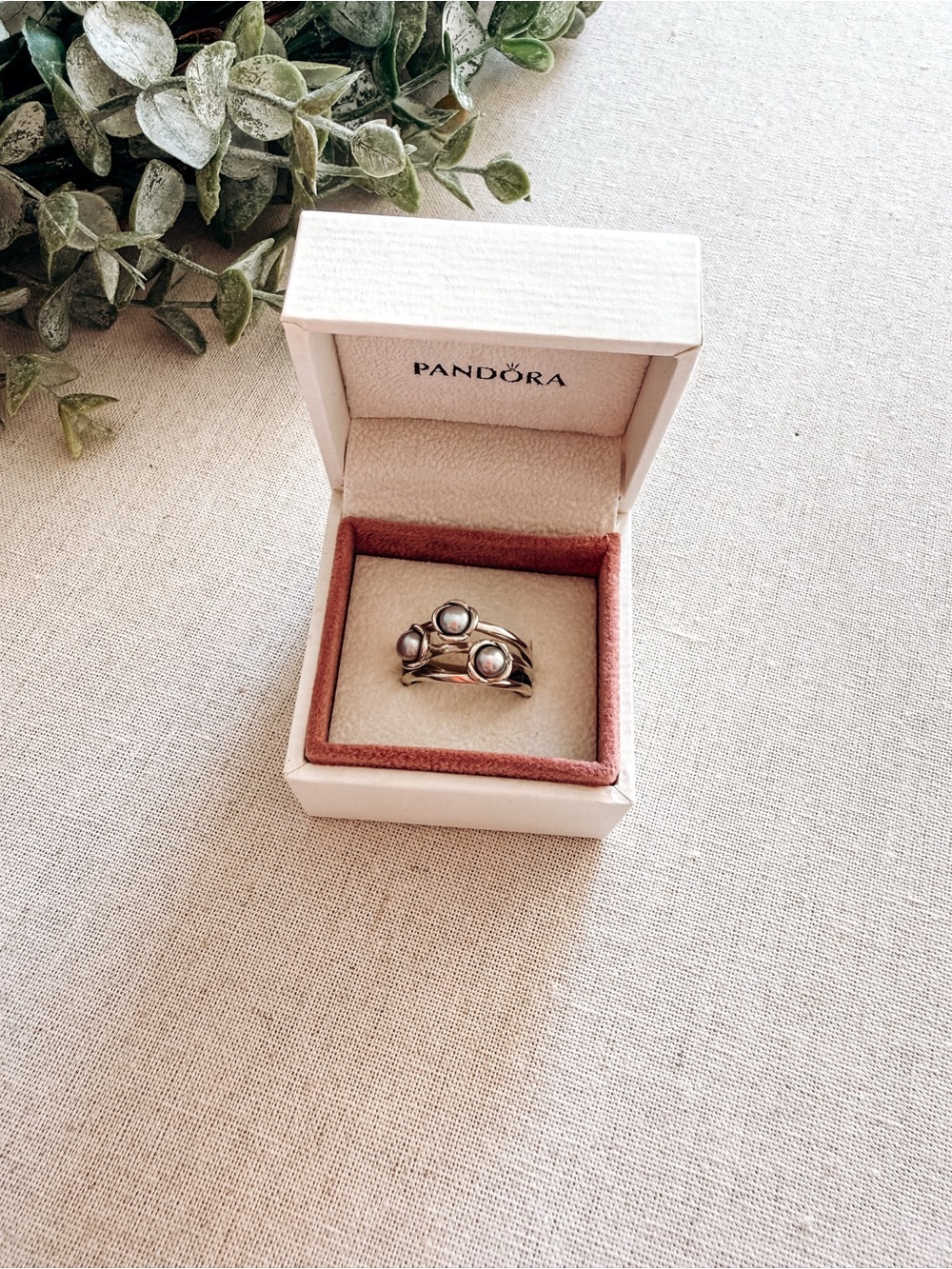 Pandora Three Wishes Gray Pearl Ring Sterling Silver Triple Band